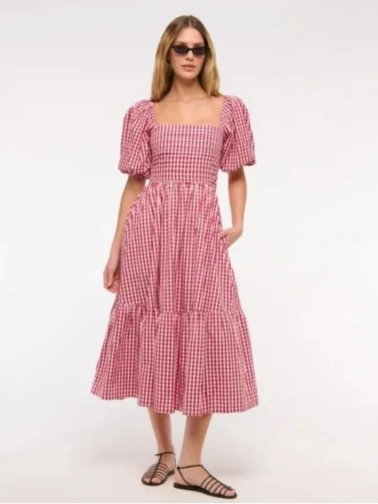 NWT Abercrombie & Fitch Emerson Red & White Checkered Puff Sleeve Long Dress: M - Picture 1 of 4